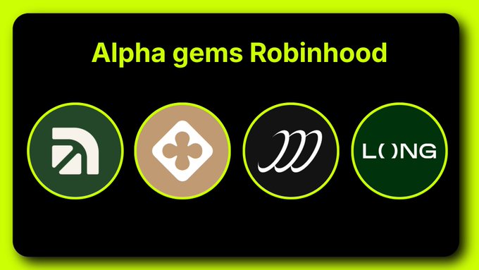 A graphic titled 'Alpha gems Robinhood' displaying four circular icons with stylized logos on a black and neon green background.