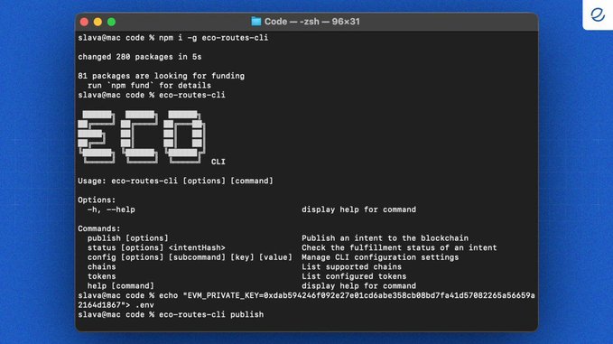 A terminal screenshot shows a user installing the `eco-routes-cli` package via npm, exporting a private key, and preparing to run the `publish` command—demonstrating the initial setup steps before moving tokens between chains as described in the post.