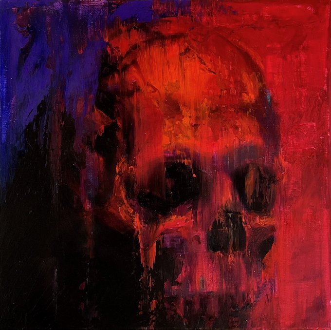 An abstract, heavily textured painting dominated by black, deep blue, red, and orange brushstrokes, forming a face-like shape with dark eye areas and a vivid red field.