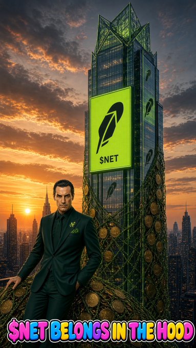 A stylized image shows a man in a green suit standing before a skyscraper with '$NET' logos, captioned 'THE BELONGS IN THE HOOD'.