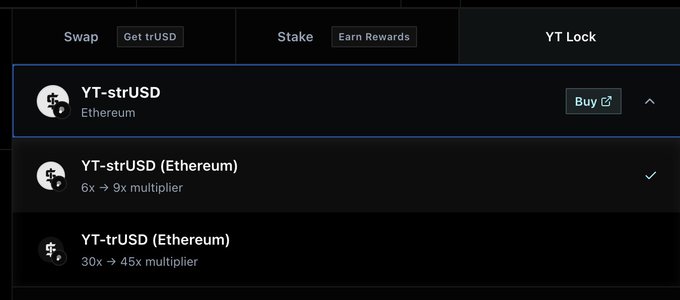 The image shows the YT Lock section of a yield trading interface, displaying two yield token options: YT-strUSD (Ethereum) with a 6x→9x multiplier and YT-trUSD (Ethereum) with a 30x→45x multiplier, which relates to the Tori Finance update about new pools and yield strategies being available through the Tori Ecosystem Vault.