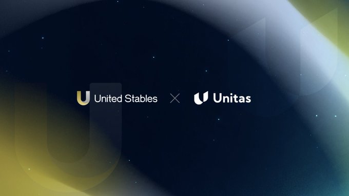 A dark promotional banner featuring 'United Stables' and 'Unitas' logos with an 'X' between them, set against a starry background with yellow accents.