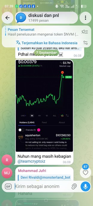 A Telegram chat screenshot in Indonesian showing a meme discussion and a crypto chart with price "$0.00379" and market cap "$3.7M".