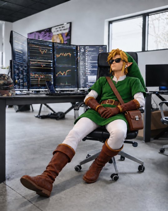 A cosplayer dressed as Link from "The Legend of Zelda" strikes a relaxed pose in an office chair in front of multiple monitors displaying crypto trading charts, blending gaming culture with finance. The post playfully invites followers to suggest which cryptocurrency tickers they want to see analyzed, fitting the chart-filled, trader-inspired scene.
