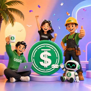 A vibrant illustration features smiling characters—including a person labeled "USDD," a delivery worker with a "USDD" helmet, a boy holding cash and laptop branded "USDD," and a robot—gathered around a giant green USDD coin amid confetti, symbolizing the cryptocurrency's real-world merchant adoption across both physical storefronts and digital platforms.