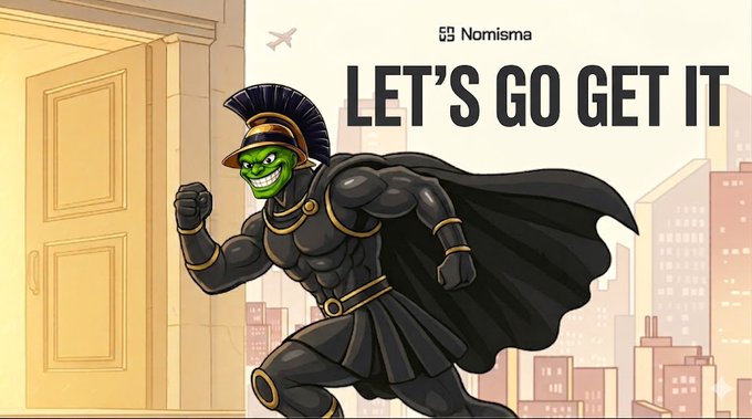 An illustration of a green-faced, muscular Roman centurion superhero with a black cape, captioned 'LET'S GO GET IT' with the Nomisma logo at the top.
