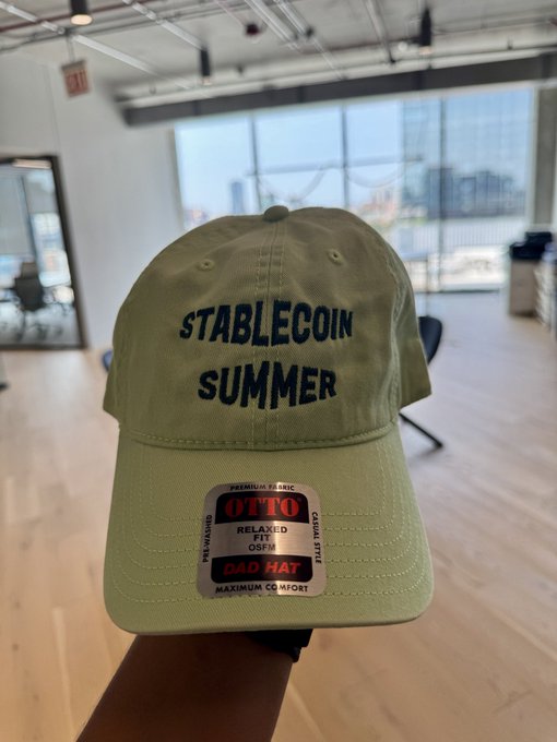 A hand holds up an olive green OTTO "DAD HAT" with "STABLECOIN SUMMER" embroidered in dark blue letters, featuring a premium fit label, inside a modern office space.