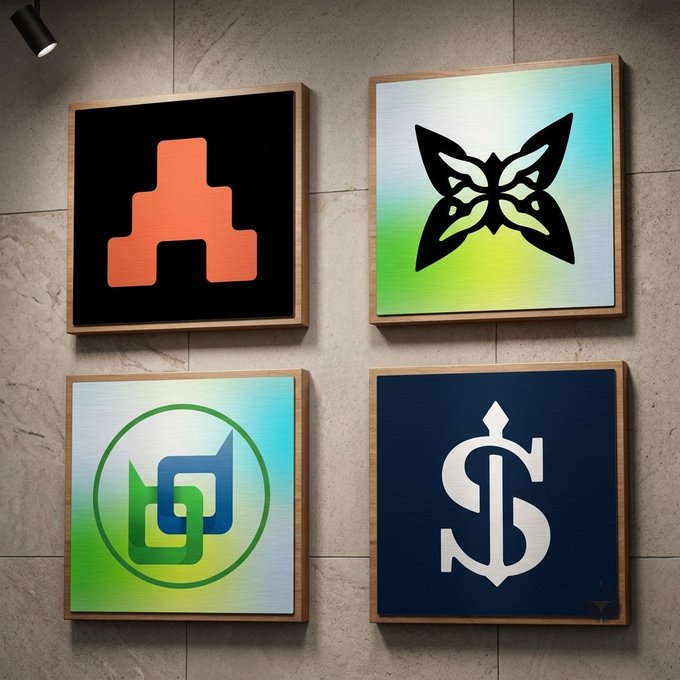 Four framed brand logos displayed on a concrete wall: an orange blocky icon, a butterfly/moth design, a green circular geometric logo, and a navy blue stylized 'S' monogram.