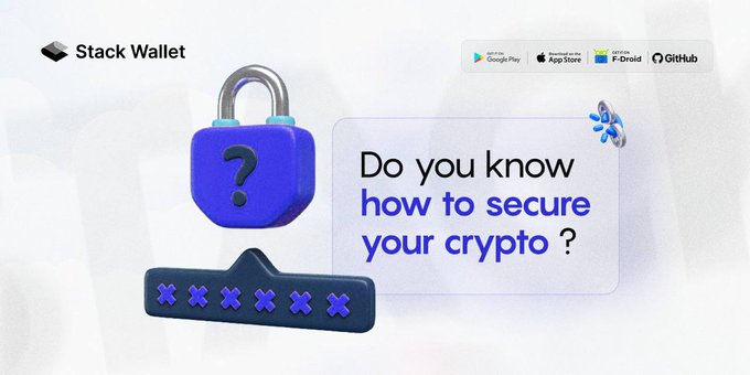 A promotional graphic for "Stack Wallet" displays a 3D padlock and password field, asking "Do you know how to secure your crypto?" with download badges for various platforms.