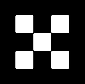 The image shows the OKX logo, consisting of five white rounded squares arranged in a cross-like pattern on a black background, representing the cryptocurrency exchange platform that has announced its readiness to comply with the EU's MiCA regulatory framework for European users.