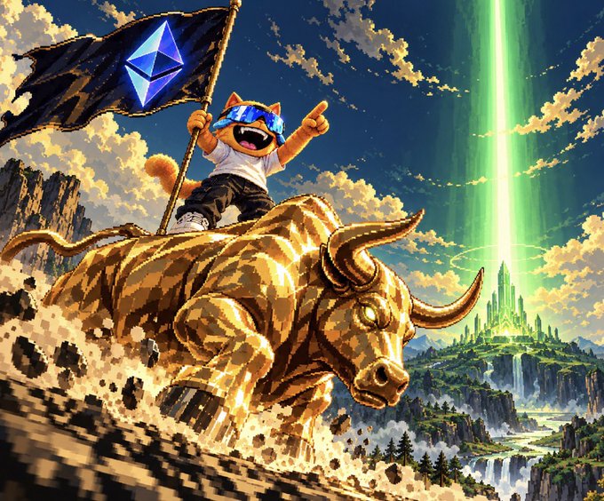 Pixel art illustration of an anthropomorphic cat wearing a VR headset, riding a charging golden bull while holding an Ethereum flag, with a glowing green laser beam in the background.