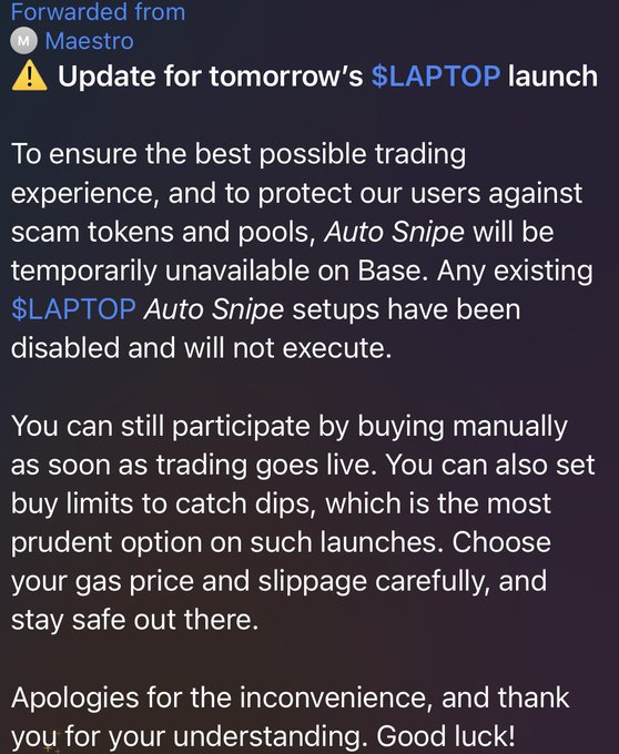 A Discord message from "Maestro" announcing that Auto Snipe will be temporarily disabled on Base ahead of the $LAPTOP token launch, with instructions advising users to buy manually and set buy limits to avoid scam tokens. The screenshot directly supports the post's claim that sniping was disabled for the $LAPTOP launch, humorously framed as "LMAO."