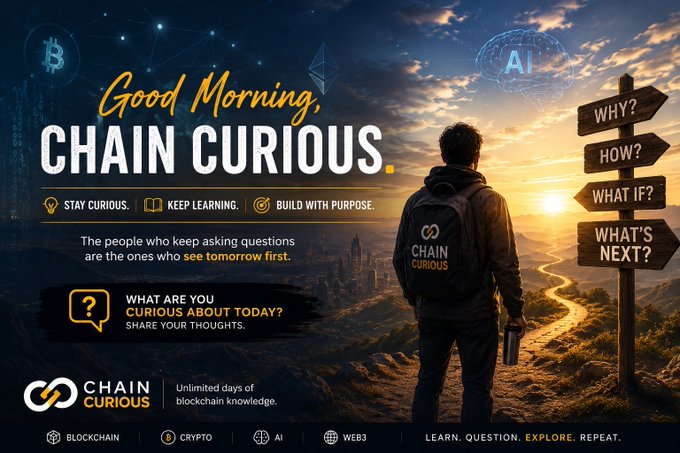 The image depicts a person at sunrise beside a signpost asking “WHY? HOW? WHAT IF? WHAT’S NEXT?” with the tagline “Good Morning, CHAIN CURIOUS” and prompts to “STAY CURIOUS. KEEP LEARNING. BUILD WITH PURPOSE,” visually echoing the post’s call for curiosity to uncover tomorrow’s insights in crypto, AI and technology.