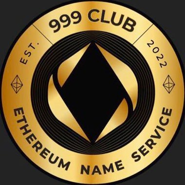 A gold circular badge or logo with black text reading '999 CLUB', 'EST. 2022', and 'ETHEREUM NAME SERVICE' around a central Ethereum diamond symbol.
