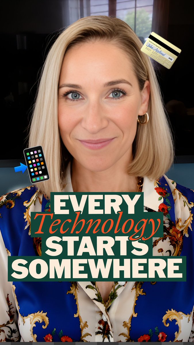A smiling blonde woman in a blue floral blouse appears with the bold text "EVERY Technology STARTS SOMEWHERE," accompanied by small graphics of a color card and a butter container, visually reinforcing the post's message about the curiosity-to-adoption cycle of new technologies like cryptocurrency.