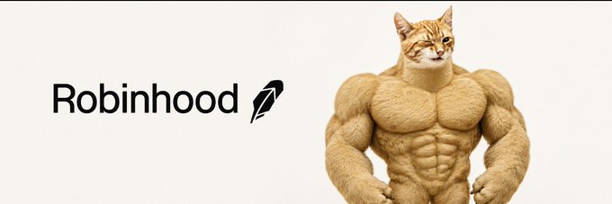 This image displays the "Robinhood" logo next to a muscular anthropomorphic cat, reinforcing the playful and strong branding associated with the company, as suggested by the accompanying post.