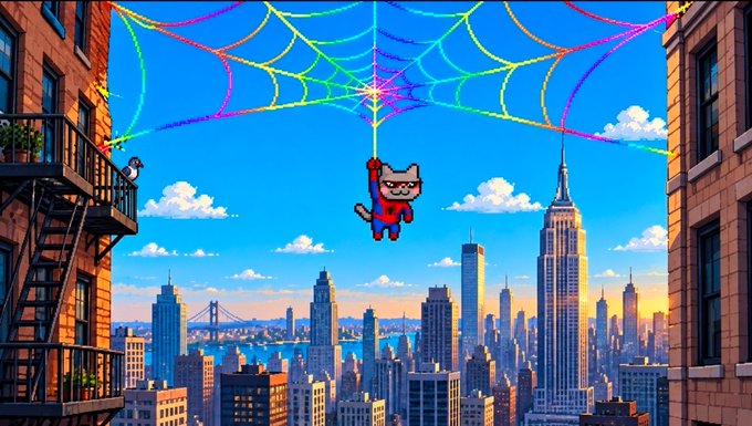 A vibrant illustration of a cat in a Spider-Man costume hanging from a colorful web stretched between two buildings, overlooking a stylized cityscape resembling New York with a bridge in the background.
