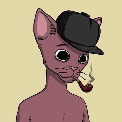 A cartoon illustration of a pink Sphynx cat wearing a black baseball cap backwards and smoking a brown pipe, with smoke curling upward.