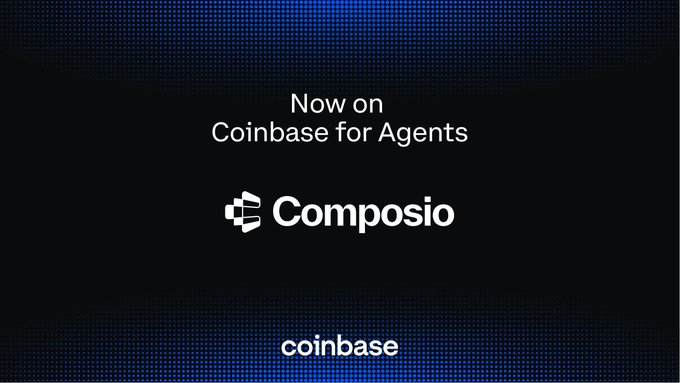 A dark promotional graphic with blue dotted accents announces 'Now on Coinbase for Agents' featuring the 'Composio' logo and 'coinbase' branding.