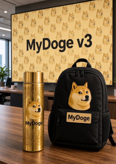 A promotional display featuring a gold water bottle and a black backpack, both adorned with Shiba Inu dog imagery and the text 'MyDoge v3'.