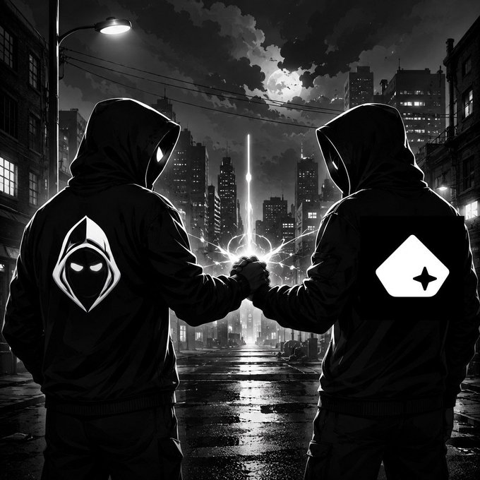 Two hooded figures stand back-to-back in a rain-slicked urban night, their fists meeting in a power handshake that emits a bright glow, symbolizing a new partnership. The left figure's hood bears a hooded character emblem, while the right figure's hood displays a diamond-like symbol representing MARGCOIN, visually representing the "HOOD × @MargcoinOG" collaboration announced in the post.