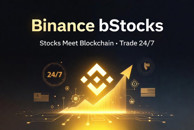 A promotional graphic for 'Binance bStocks' with the tagline 'Stocks Meet Blockchain • Trade 24/7' and a '24/7' icon.
