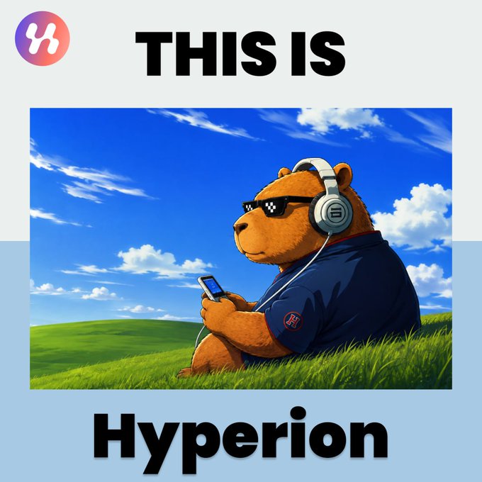 An AI-generated image of a bear wearing pixelated sunglasses and headphones while holding a phone, with text reading 'THIS IS Hyperion' and a logo in the top left corner.