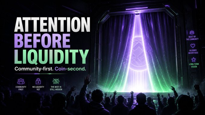 A dramatic stage scene with a glowing purple and green spotlight behind curtains, viewed by a silhouetted crowd with raised hands, displays the bold text "ATTENTION BEFORE LIQUIDITY – Community-first. Coin-second." alongside icons highlighting "COMMUNITY FIRST," "NO LIQUIDITY YET," and "THE BEST IS STILL HIDDEN," visually reinforcing the memecoin theory of building audience hype before launching a tradable token.