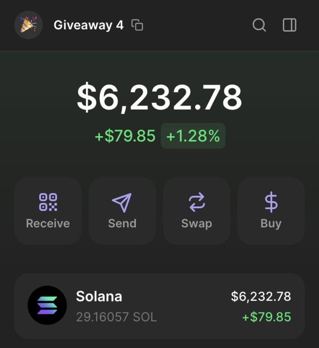 A cryptocurrency wallet app screenshot showing a 'Giveaway 4' account with a Solana (SOL) balance of $6,232.78, displaying options for Receive, Send, Swap, and Buy.