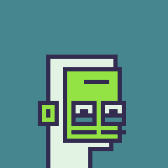 A pixel art character with a green head, wearing glasses and a white hat, set against a solid teal background.