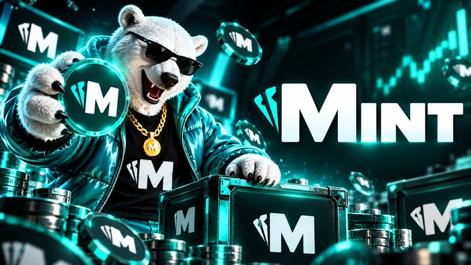 A promotional graphic for 'MINT' featuring an anthropomorphic bear in sunglasses and a leather jacket surrounded by coins and cases bearing the 'M' logo.