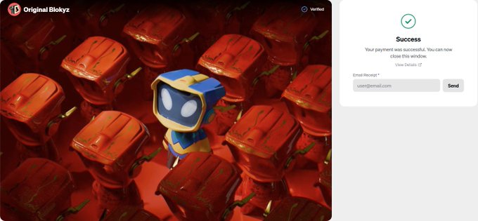 A screen showing a 'Success' payment confirmation pop-up over a background image of a blue and yellow hooded character standing among many red backpacks, with 'Original Blokyz' branding in the top left.