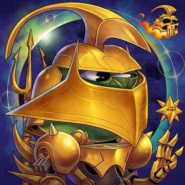 The image features a golden-armored knight character with a trident-like weapon, accompanied by a flaming skull icon in the corner—a fittingly bold, "degen" mascot for a post calling out teams that jeeted and bragging about early gains, symbolizing the warrior stance against scammers in the crypto minting space.