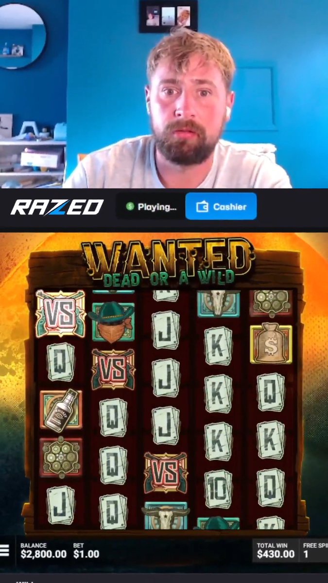 A streamer with a beard is shown on a video call above the "Wanted Dead or a Wild" slot game on Razed, displaying a balance of $2,800.00 with a $1.00 bet and a total win of $430.00—capturing the moment his $1 spin transformed into a massive payday as described in the post.