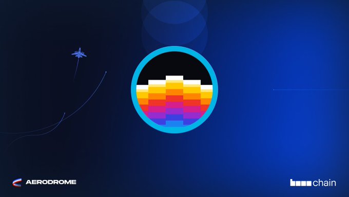 A circular emblem featuring a pixelated sunset over a cityscape with an airplane flying nearby, set against a dark blue gradient background, accompanied by "AERODROME" and "base chain" logos, representing the launch of the $HALO-$VIRTUAL liquidity pool on Aerodrome and the start of AERO emissions incentives for Warden Protocol.