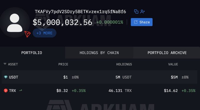 A crypto wallet dashboard showing an Arkham portfolio worth $5,000,032.56, holding 5M USDT and 46.131 TRX, belonging to address TKAFVy7pdV2SDry5BETKvzex1rq5iNaBfi6.