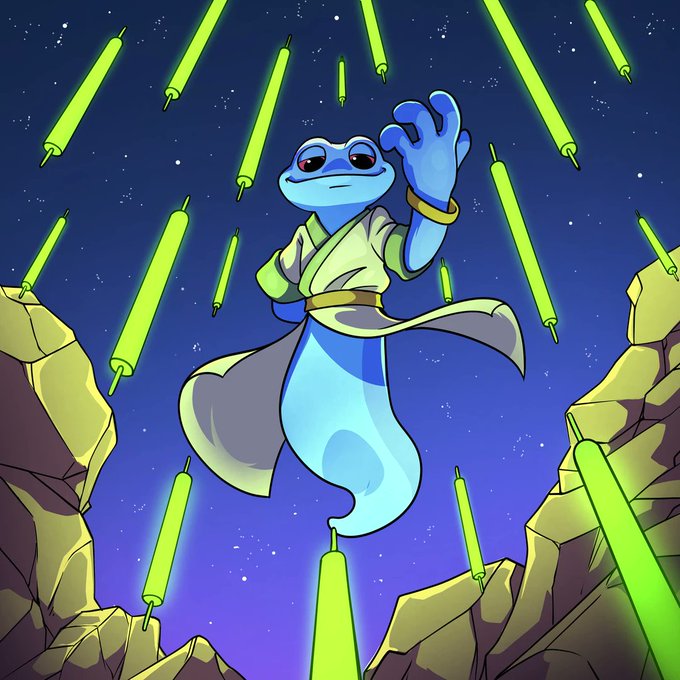 An illustration of a blue, genie-like character in white robes floating between rocky cliffs under a starry sky, with glowing green candles or beams of light surrounding it.