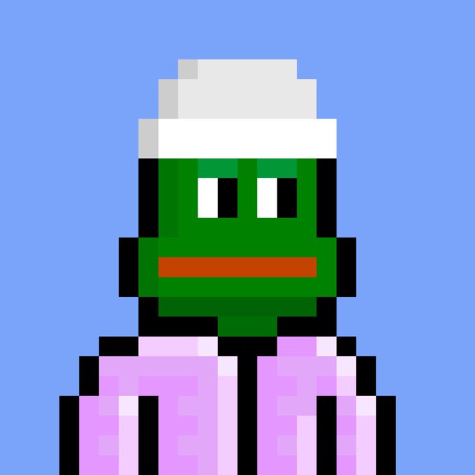 A pixel art character with green skin, wearing a white hat and pink/purple striped shirt, is set against a blue background.