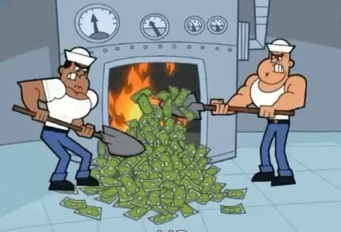 A cartoon depicts two muscular sailors shoveling large piles of money into a fiery furnace, likely symbolizing inflation or money burning.