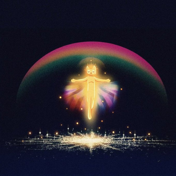 A glowing yellow figure with cat ears floats with arms outstretched above a radiant cityscape, surrounded by a multicolored dome of light against a dark background.
