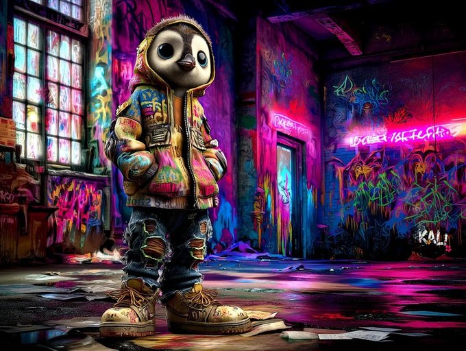 A colorful street art-style image of a penguin character wearing an oversized graffiti-covered jacket and large boots, standing in a neon-lit urban alleyway with graffiti-covered walls.