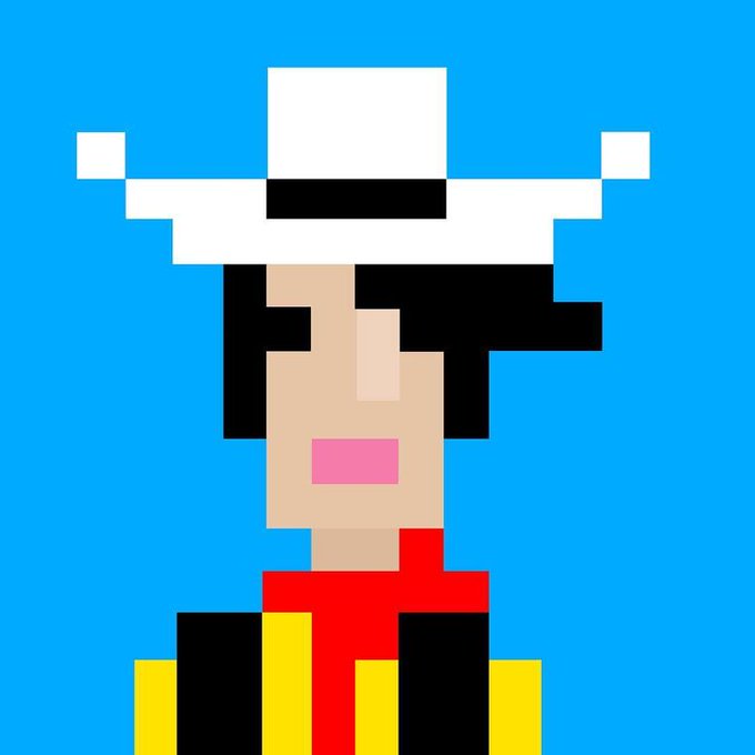 A pixel art portrait of a cowboy figure with a white hat, black hair, and red scarf against a blue background, displayed as a low-resolution avatar for the "8bit" NFT collection on OpenSea.