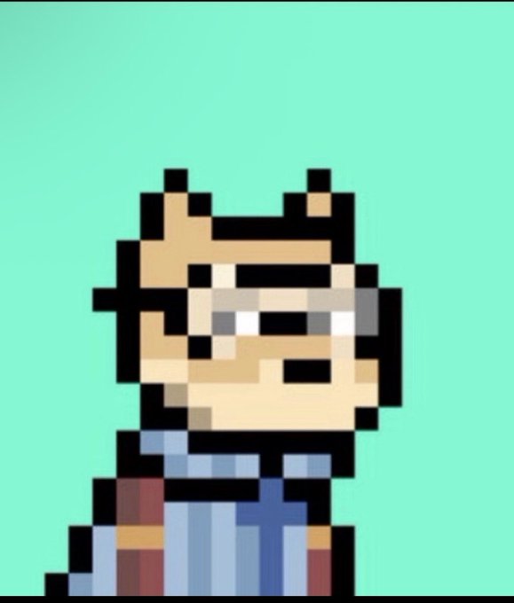Pixel art of a character with sunglasses and a beige hat against a light green background.