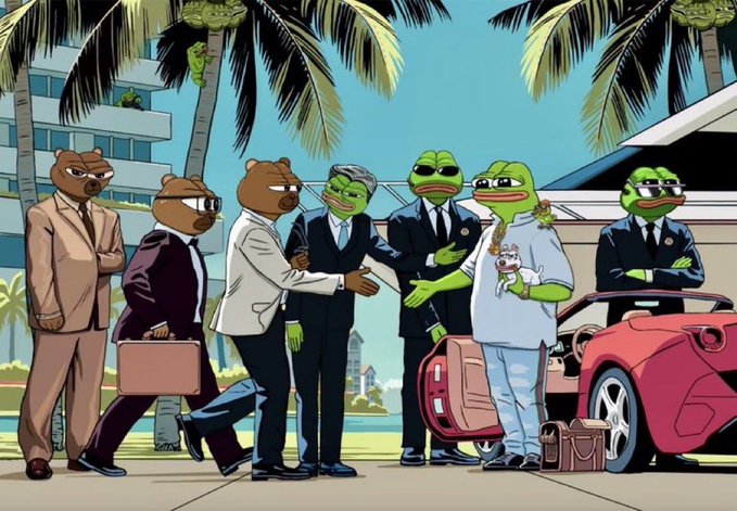 A cartoon illustration shows a group of bears in suits and frogs, including one holding a cat, gathered around a red sports car near palm trees and a body of water.