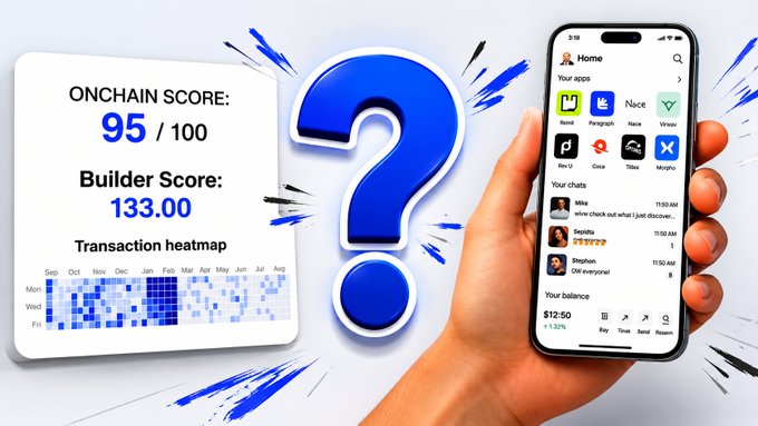 The image shows two cell phones being held up against a white background with blue text. The person holding one of the phones has a question mark over their head, possibly asking about the Builder Score or another related topic. The other phone displays an app called "Airdrop" on its screen. The focus of the image is to draw attention to the Builder Score and how it might be relevant for users who are interested in mobile apps.