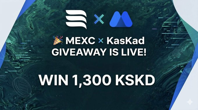 The image features a poster for an event where people can win 1,300 KSKD by entering their name into a contest. The poster includes text that reads "Happy Wednesday frens MEXC × KasKad are giving away 𝐴 10 lucky winners each taking home 𝐵 1,300 KSKD Grab your shot ⇩ - Follow 𝐴 - Follow 𝐴 - Follow 𝐴 - Follow 𝐴 - Follow". The poster also includes a graphic of a blue and white logo for MEXC and KasKad.