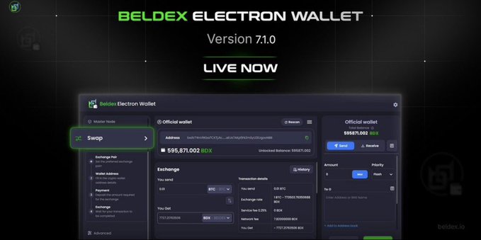 A promotional screenshot for the Beldex Electron Wallet Version 7.1.0, now live, featuring a dark-themed interface with options like 'Master Nodes,' 'Swap,' and 'Exchange' and showing a balance of 595,871.002 BDX.
