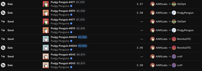 A dark-themed cryptocurrency transaction history showing various sales and sends of 'Pudgy Penguin' NFTs (#470, #504, #543) with prices in ETH to addresses like '0b12a4', 'PxdyPenguin', and 'RemilioOTC'.