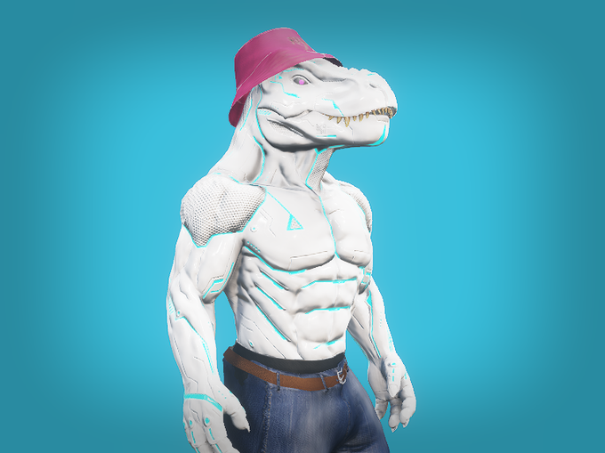 A 3D model of a muscular, anthropomorphic white dinosaur with glowing cyan accents stands against a solid blue background, wearing a magenta bucket hat and blue jeans.