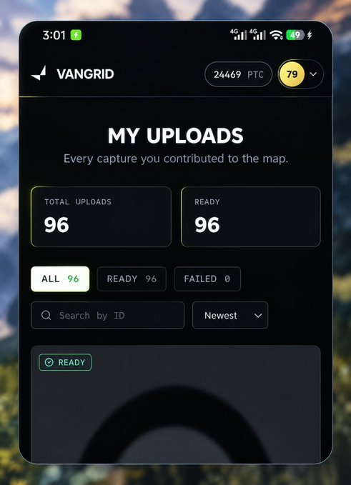The image shows the "VANGRID" app's "MY UPLOADS" page displaying a user's contribution statistics, including 96 total uploads and 96 ready captures, along with a search bar and filter options for viewing captures by ID. This visual supports the post about the user's ongoing journey with @vangrid_io, showcasing their active contribution to the mapping project during Season 2.